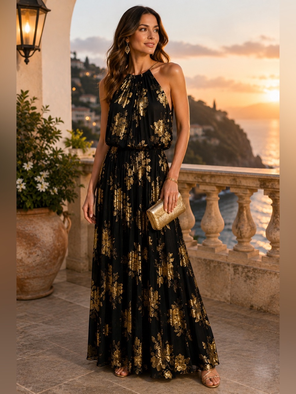 MSK Back Metallic Gold Floral Print Pleated Blouson Maxi Evening Dress Size 12